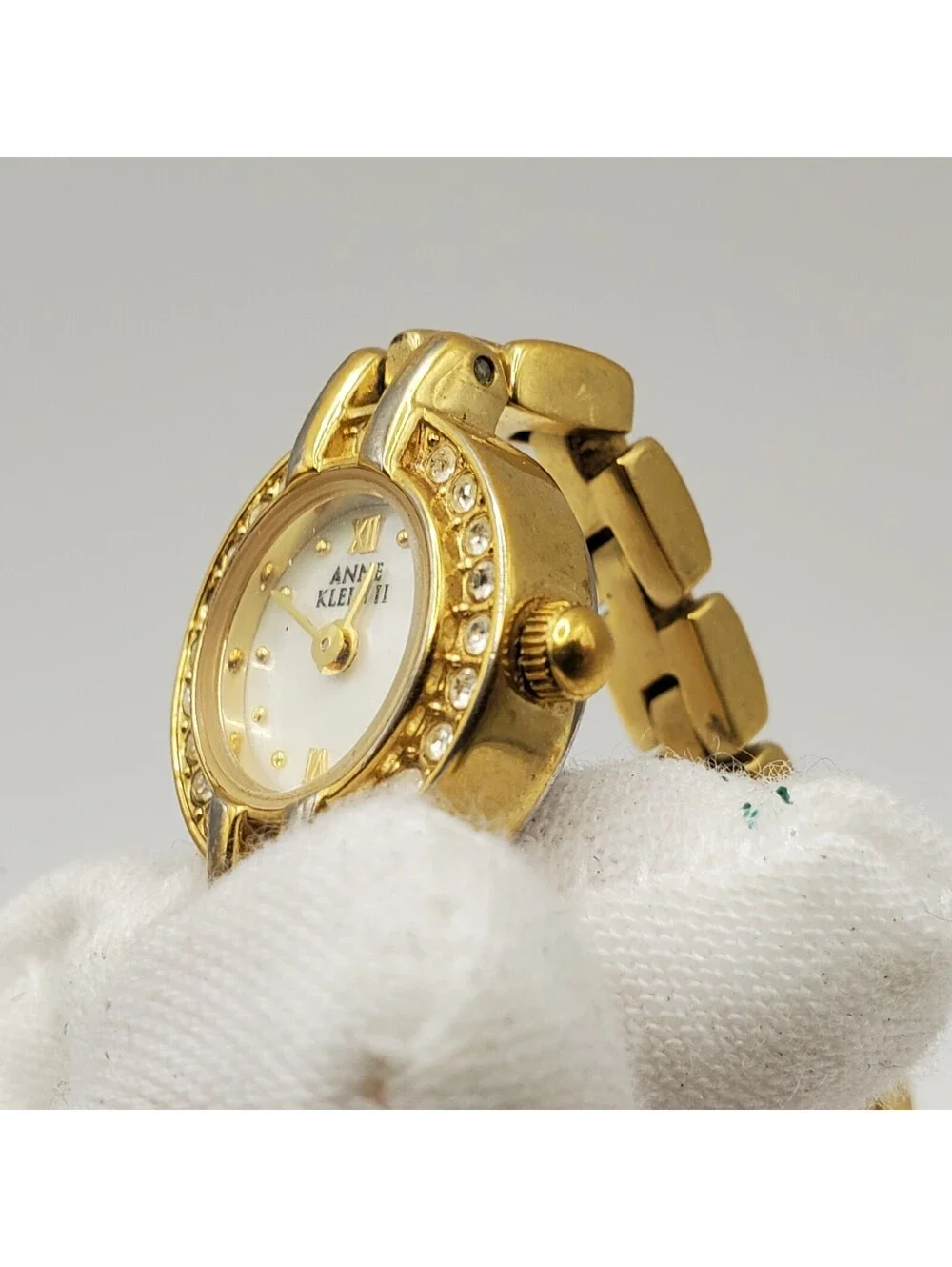 Anne Klein Rhinestone Small 16mm MOP Dial Womens Watch Gold Tone New Battery